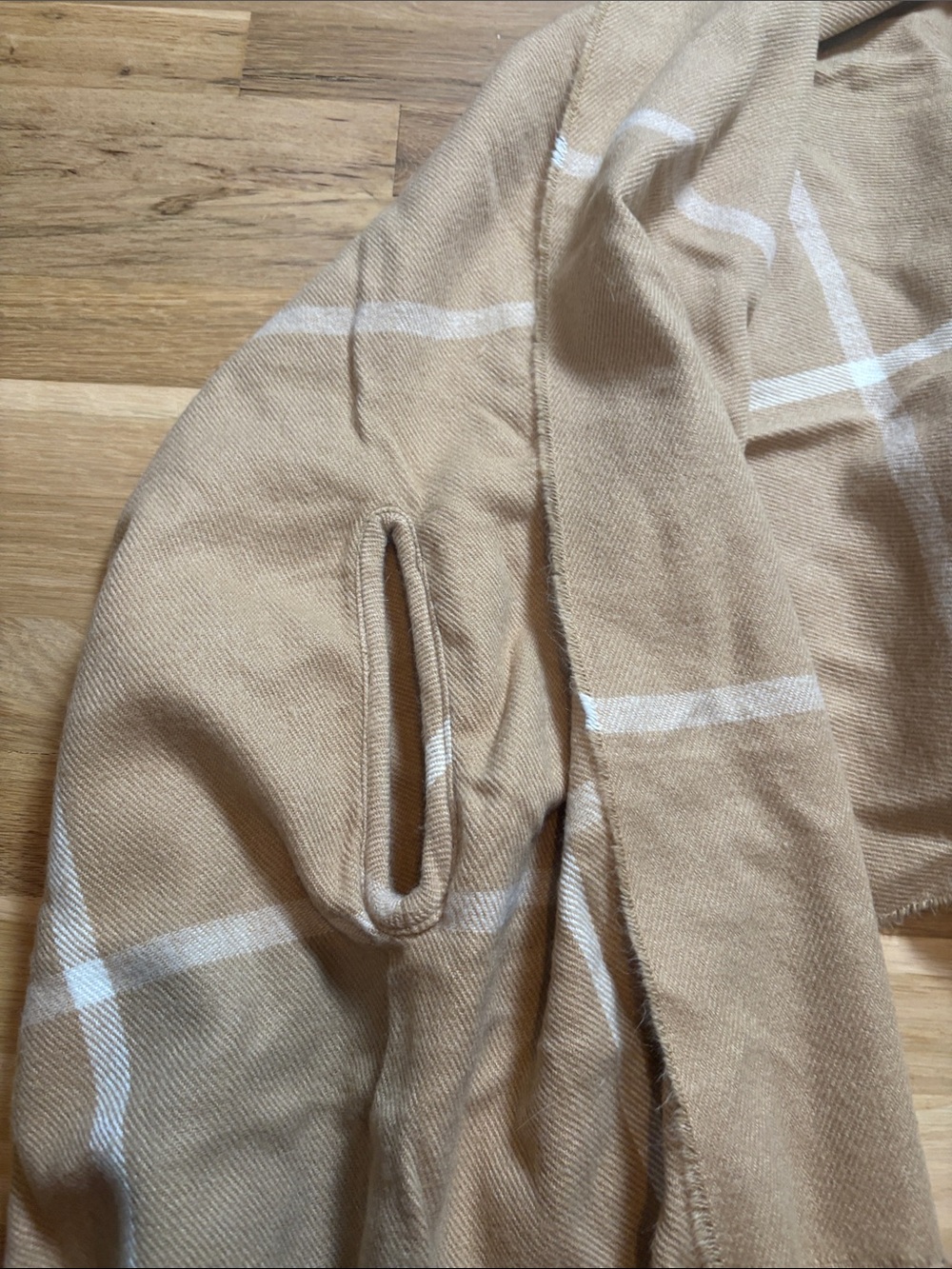 Beige Plaid Fringe Draped Open Cardigan Cape Poncho with Armholes OS - Picture 3 of 7